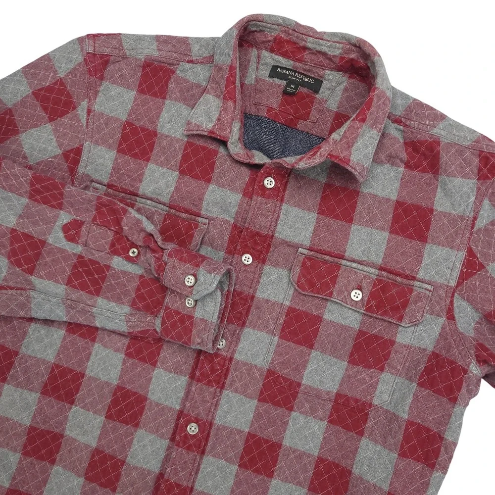 Banana Republic Shirt Mens Medium Red Gray Quilted Flannel Plaid Lined Slim